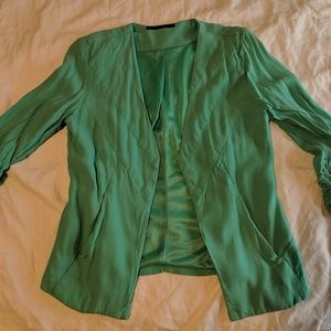 Aqua/mint open front jacket with ruched sleeve